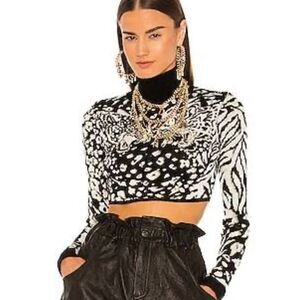 Dundas X Revolve Black & White Animal Print Wool Turtleneck Crop Top Sweater